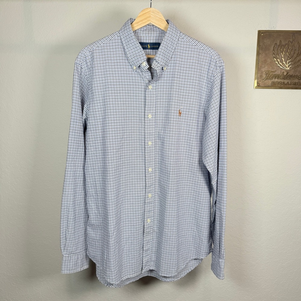 Ralph Lauren Mens‎ Blue White Gingham Check Cotton Button Down Shirt Large